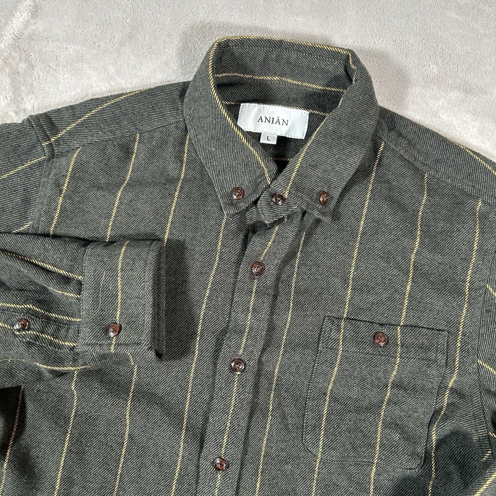 ANIAN Studio Shirt Mens L Green Gold Stripe Berlino Cotton Made Canada Button Up